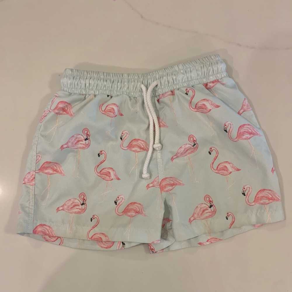 Sal & Pimenta size 4T flamingo swim trunks.